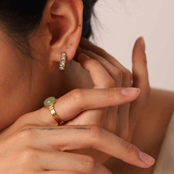 Inlaid Full Zircon CC Shape Huggie Hoop Earrings 18K Gold Plated Stainless Steel - Picture 4 of 8